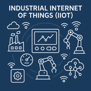 Industrial Internet of Things illustration showing smart factory, robotic arms, sensors, cloud, and data dashboard